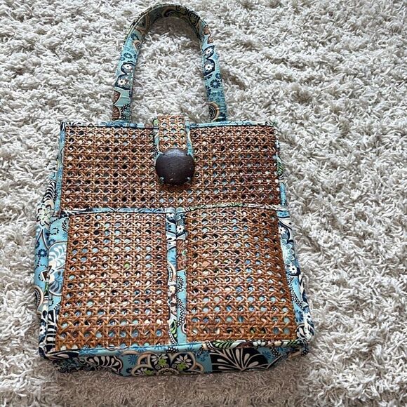 Vera Bradley Bali Blue & Hope Garden Structured Tiki Tote with Caning RARE - Picture 1 of 16